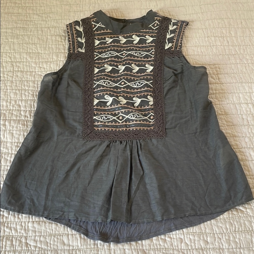 Gray Sleeveless Top with Embroidered Design